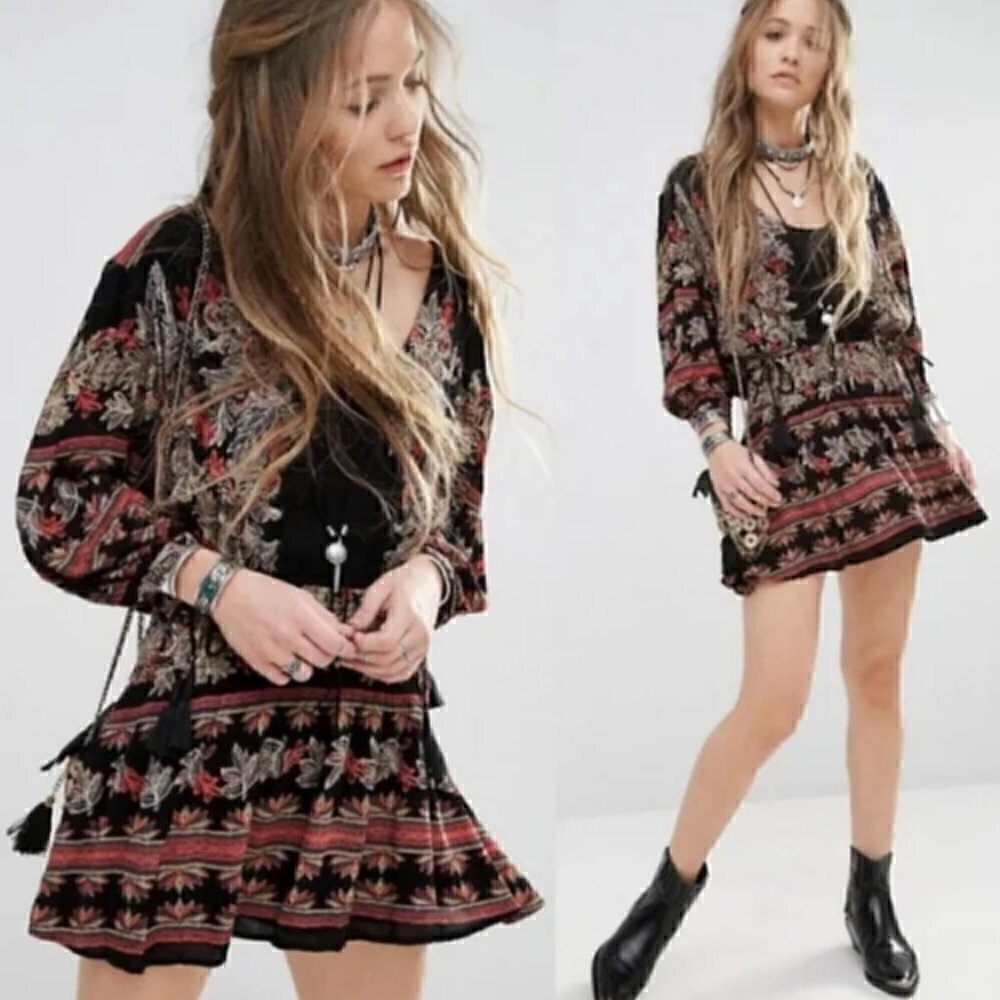 Free People Moonlight Drive Dress S Revolve Black Smock Long Sleeve Tassel Boho
